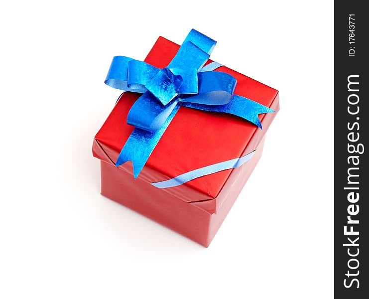 Red gift box with blue bow