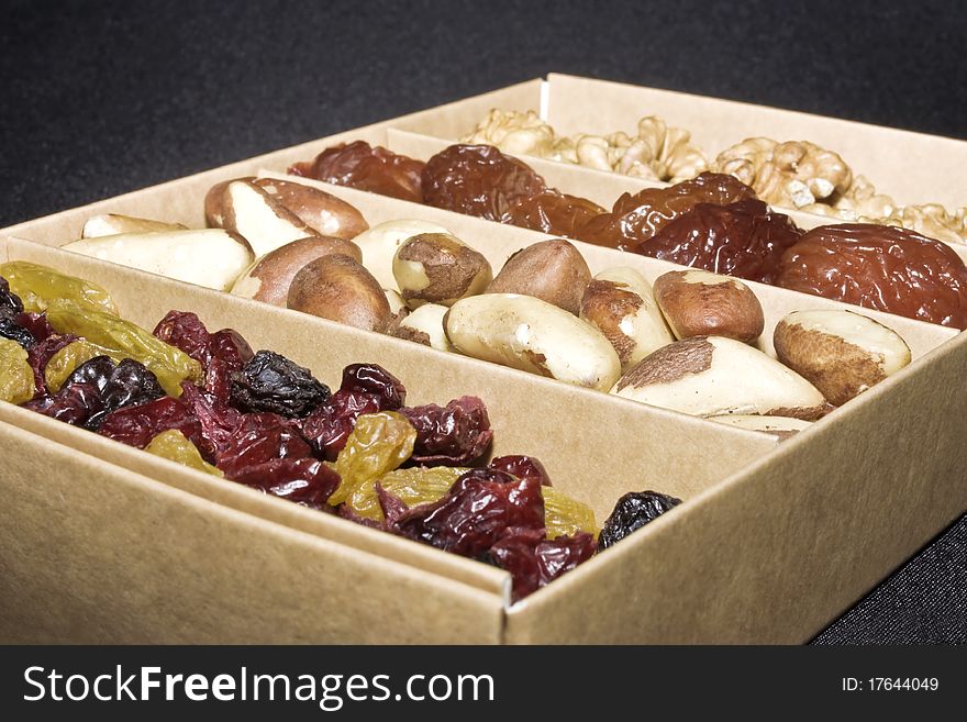 A close up of a box of dried fruit and nuts. A close up of a box of dried fruit and nuts