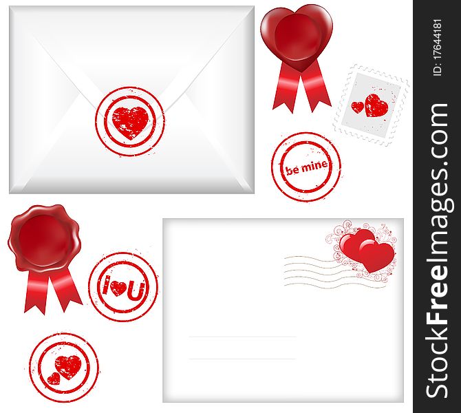 2 Envelope With A Stamp In Form Of Heart, Isolated On White Background, Vector Illustration. 2 Envelope With A Stamp In Form Of Heart, Isolated On White Background, Vector Illustration