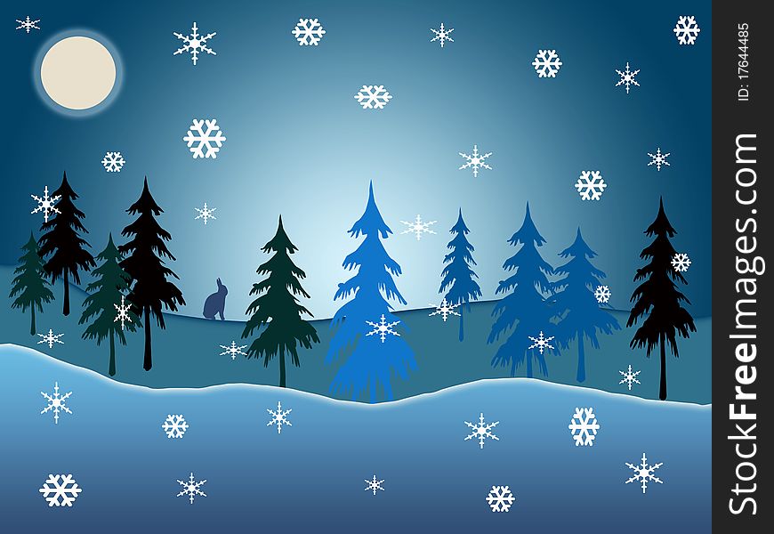 Blue winter woodland illustrations with trees and snowflakes in background