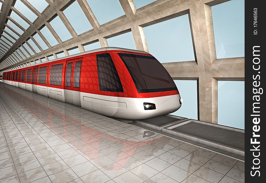 3D illustration of monorail train on the station