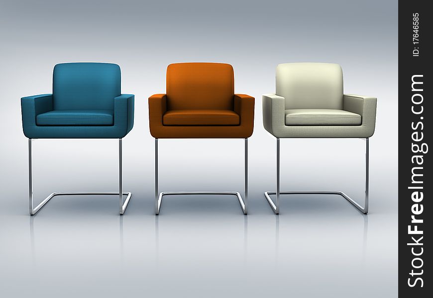 Three modern chair in different colors stand in line