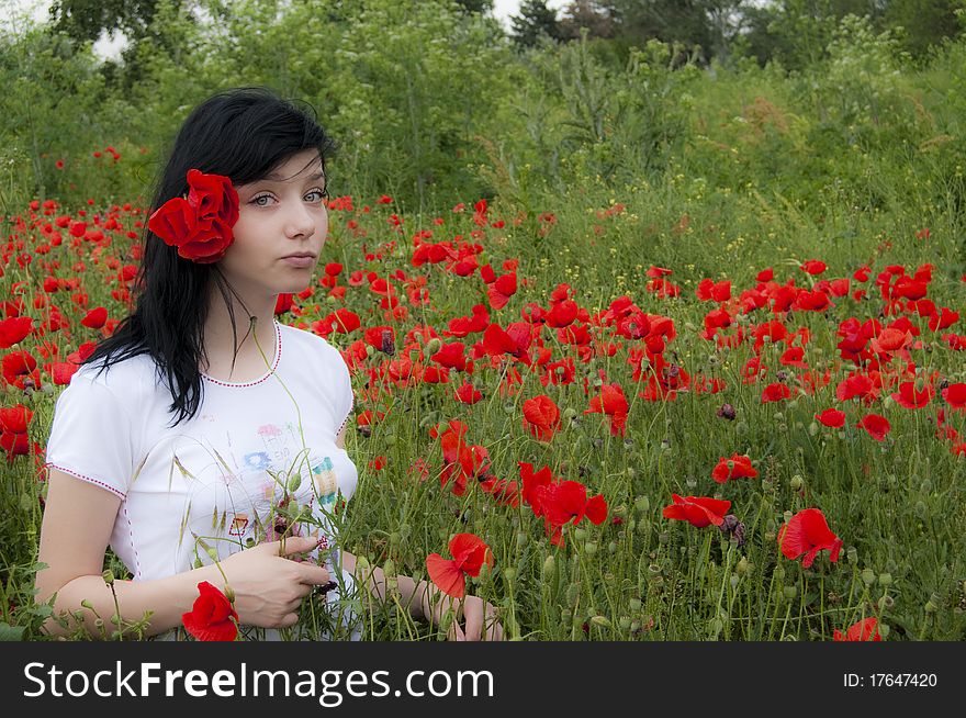 Beautiful Black Hair Girl in a Poppy Field
