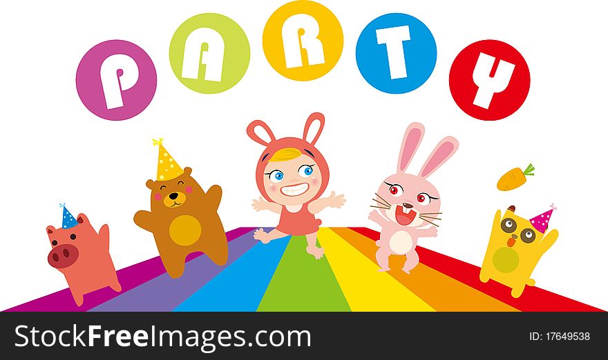 Vector illustration of child and animals party