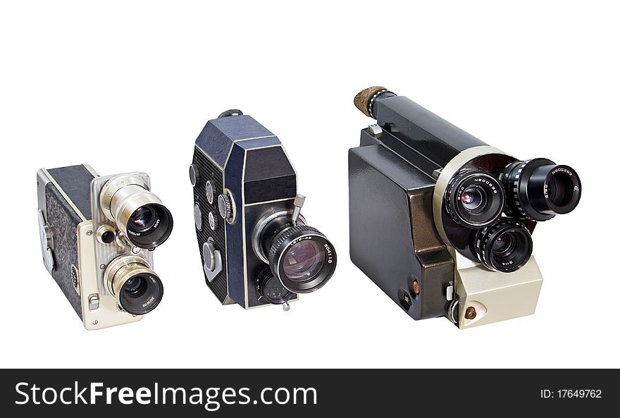A group of three cameras.retro movie camera 8mm 16mm film. studio white background.