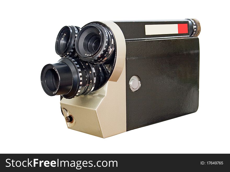 Retro movie camera 8mm 16mm film. studio white background.