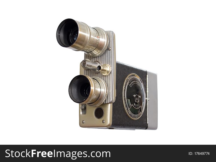 Retro movie camera 8mm 16mm film. studio white background.