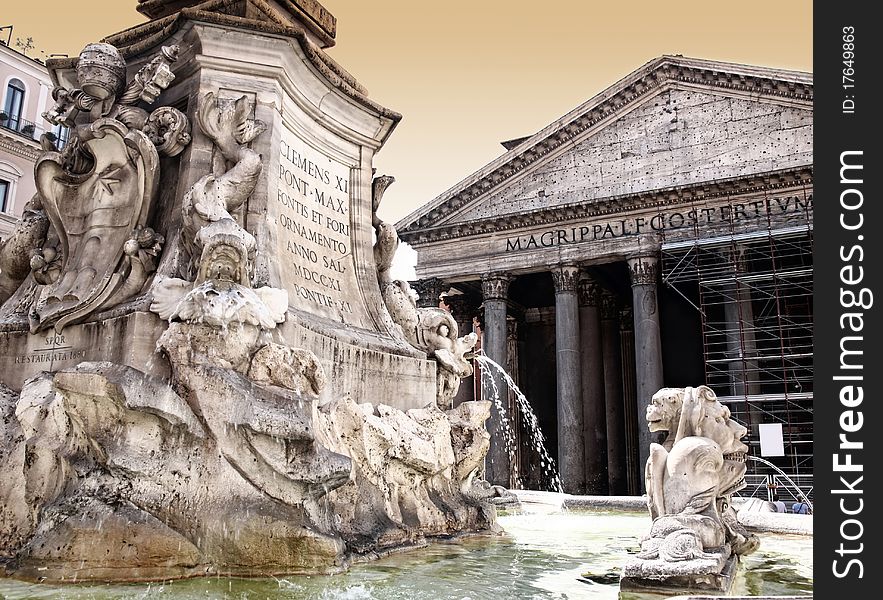 Pantheon With Fountain In Rome