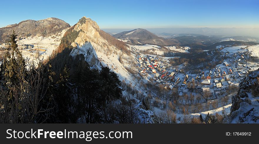 Panoramic view from peak Vrstec in winter