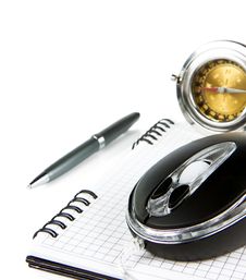 Computer Mouse And Notebook On White Stock Image