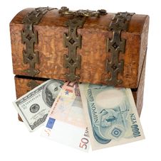 Old Wooden Little Chest And Money Stock Photo