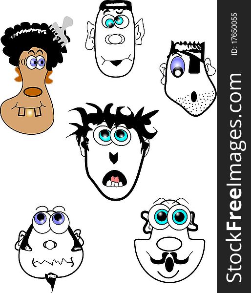 Cartoon faces with blue eyes and various expressions on white. Cartoon faces with blue eyes and various expressions on white