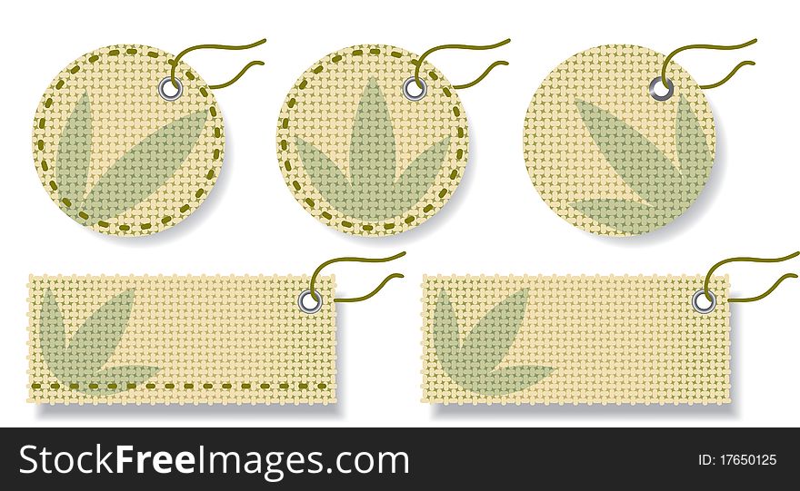 Labels made of natural fabric with embroidery. Vector illustration.