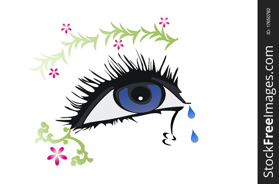 An illustration of a blue eye with various ornaments. An illustration of a blue eye with various ornaments