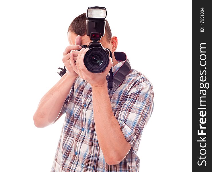 Man holding dslr photocamera in hands. Man holding dslr photocamera in hands