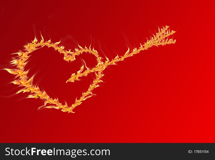 Fiery congratulatory heart on a red background