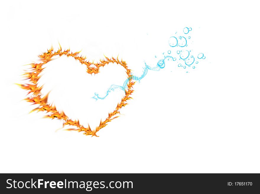 Fiery congratulatory heart and water arrow on a white background