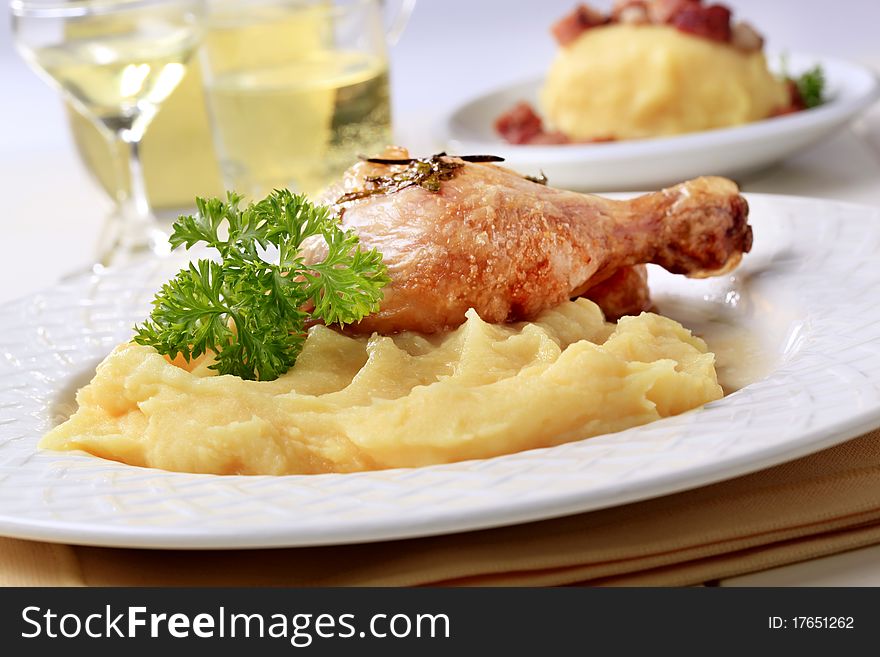 Roasted chicken and mashed potato - closeup