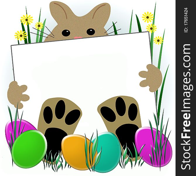 Easter bunny with big feet holding sign illustration. Easter bunny with big feet holding sign illustration