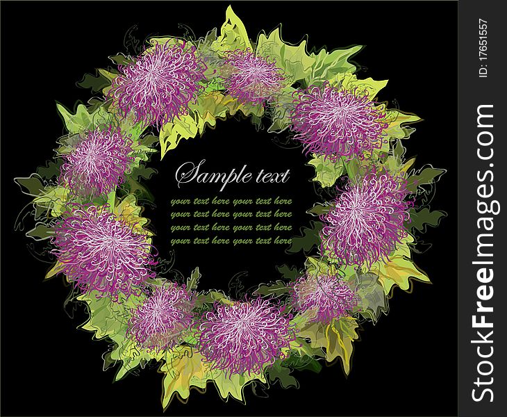 Beautiful decorative wreath with chrysanthemums.Beautiful greeting card with the image of a chrysanthemum.Illustration. Beautiful decorative wreath with chrysanthemums.Beautiful greeting card with the image of a chrysanthemum.Illustration.