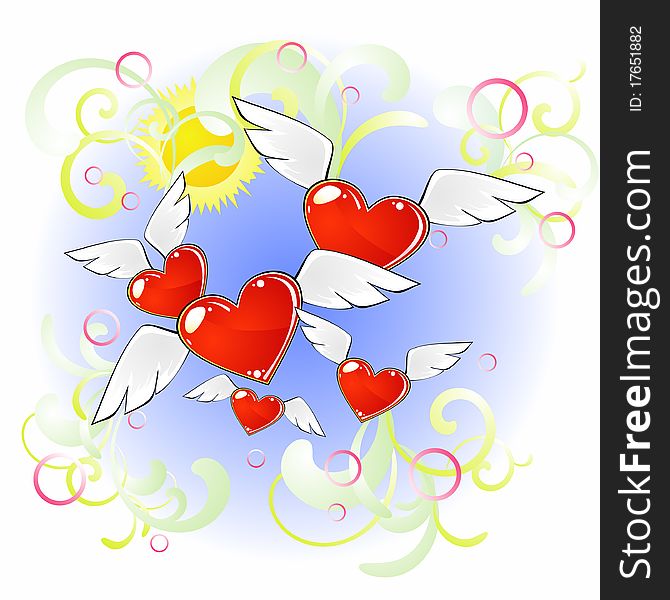 Composition with flying hearts with wings against blue sky