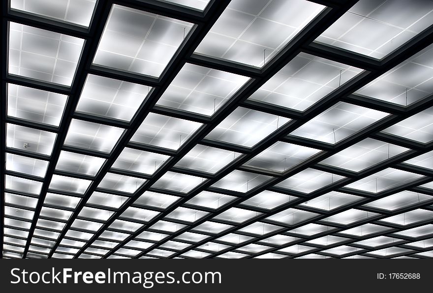 Big ceiling with black squares in big hall. Big ceiling with black squares in big hall