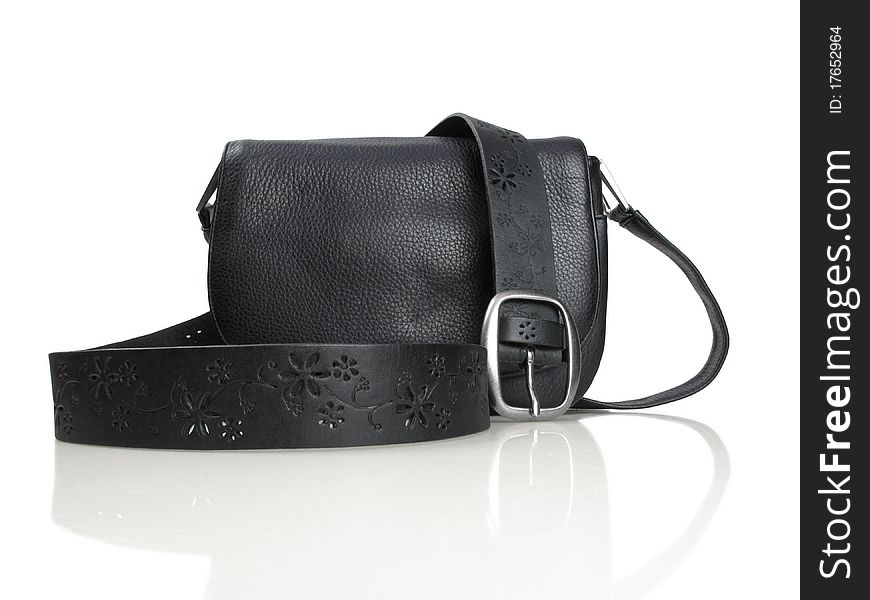 Simple handbag and and belt in black leather on white. Simple handbag and and belt in black leather on white