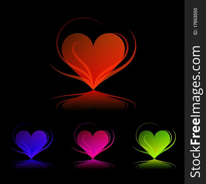 Four colored hearts on black background. Four colored hearts on black background