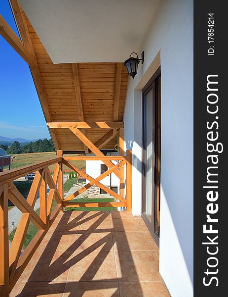 View from the terrace of a new wooden mountain house.
