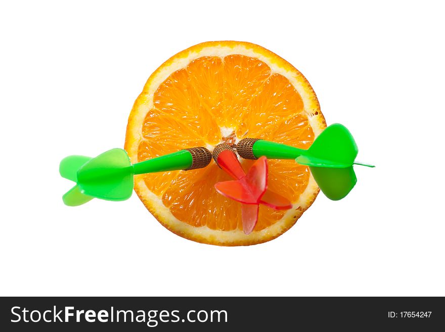 Three darts hit orange on white isolated background
