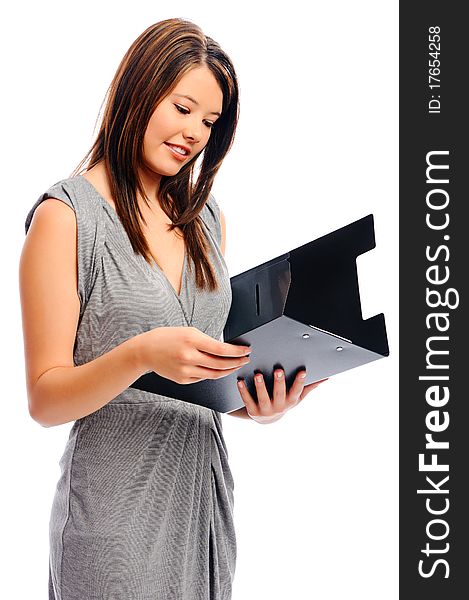 Pretty businesswoman holds a file