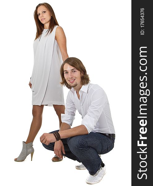 Young european cute couple with long hair isolated over white background. Young european cute couple with long hair isolated over white background.