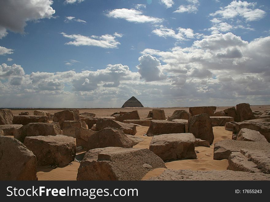 The Bent Pyramid on the horizon of the desert