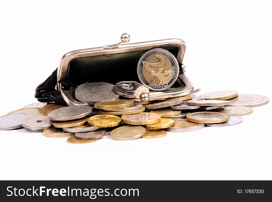 Purse with coins on white isolated background