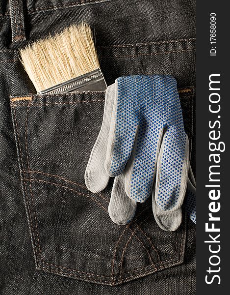 Workwear and tools: gloves and brush. Workwear and tools: gloves and brush