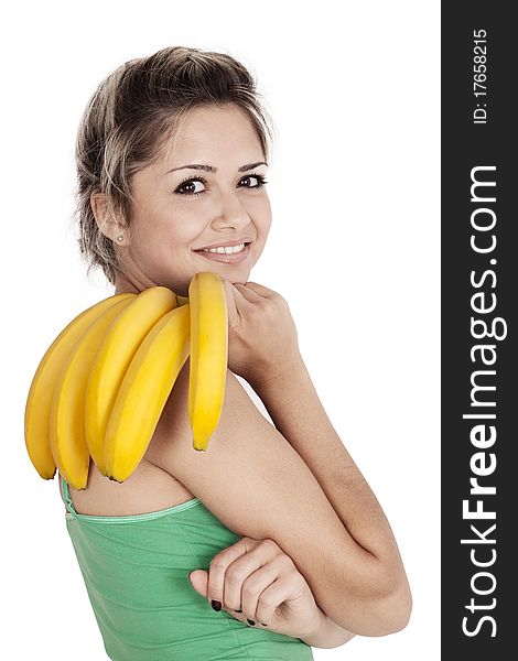 Toothy smile portrait of a beautiful young woman with bananas. Toothy smile portrait of a beautiful young woman with bananas