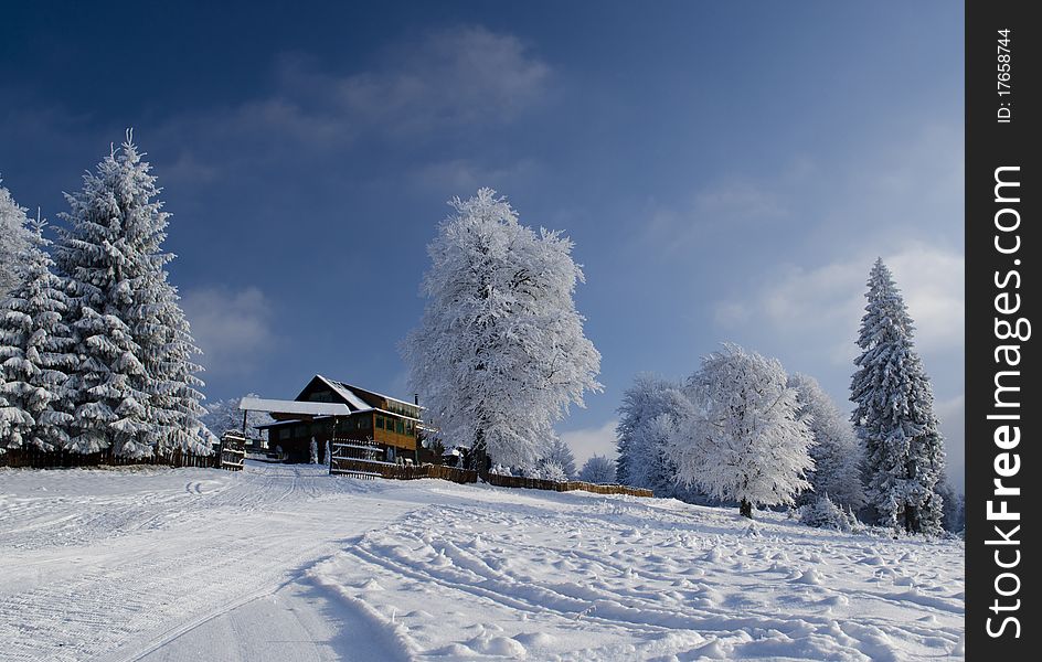 Beautiful winter landscape with chalet