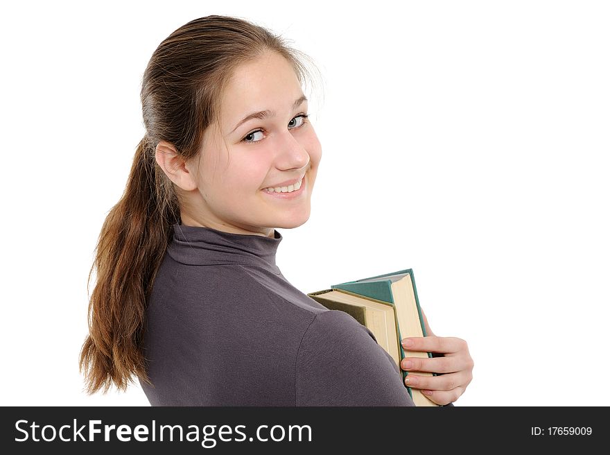 Young girl with long hair and book on a white background