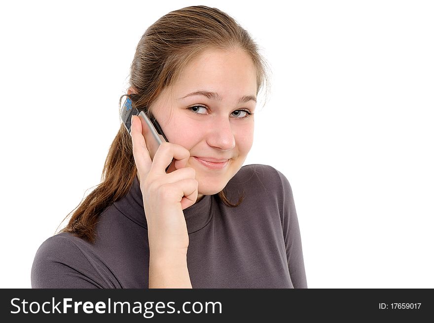 Girl using a mobile phone  On a white background