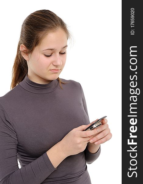 Girl using a mobile phone  On a white background