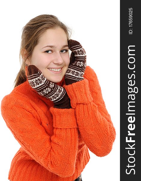 Winter young woman separately on a white background