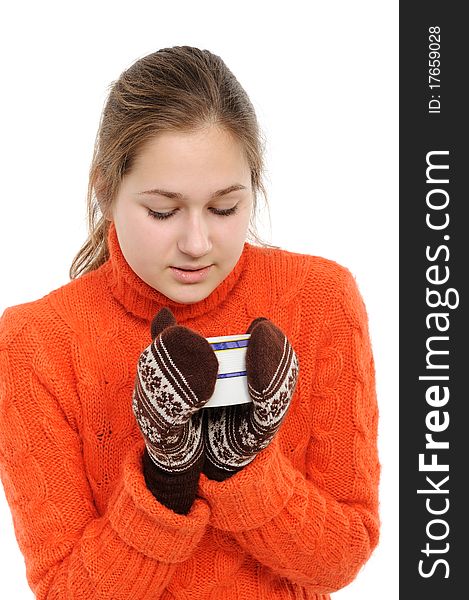 Young woman in winter with cup of hot chocolate or coffee or tea. Young woman in winter with cup of hot chocolate or coffee or tea