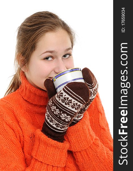 Young woman in winter  with cup of hot chocolate or coffee or tea. Young woman in winter  with cup of hot chocolate or coffee or tea