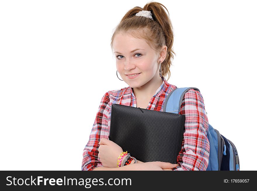 Young woman with a folder and a backpack; isolated on a white background