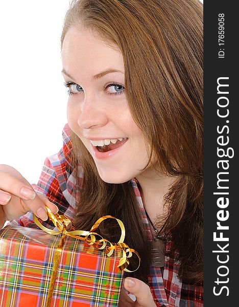 Pretty girl holding presents On a white background