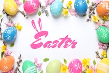 Flat Lay Composition With Bright Eggs And Word Easter On Background, Flat Lay Royalty Free Stock Images