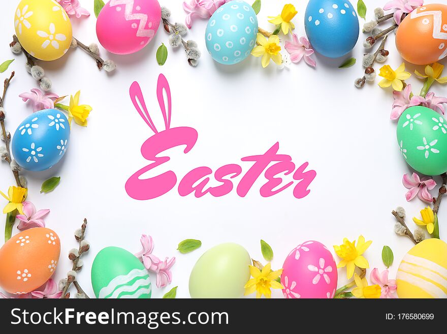 Flat lay composition with bright eggs and word Easter on white background, flat lay