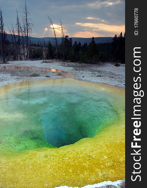 Evening view of a thermal pool in Yellowstone National Park.