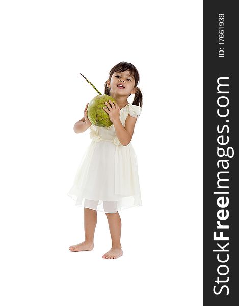 Sweet little girl with coconut, isolated on white background