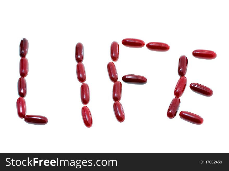 Word life combined from red medical products (isolated)